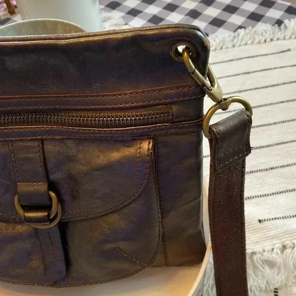 Fossil Leather Grey Rustic Crossbody Shoulder Bag Purse ~ Brass Hardware - Picture 10 of 14